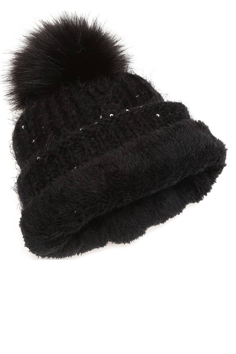 Cable Knit Sherpa Lined Beanie Hat