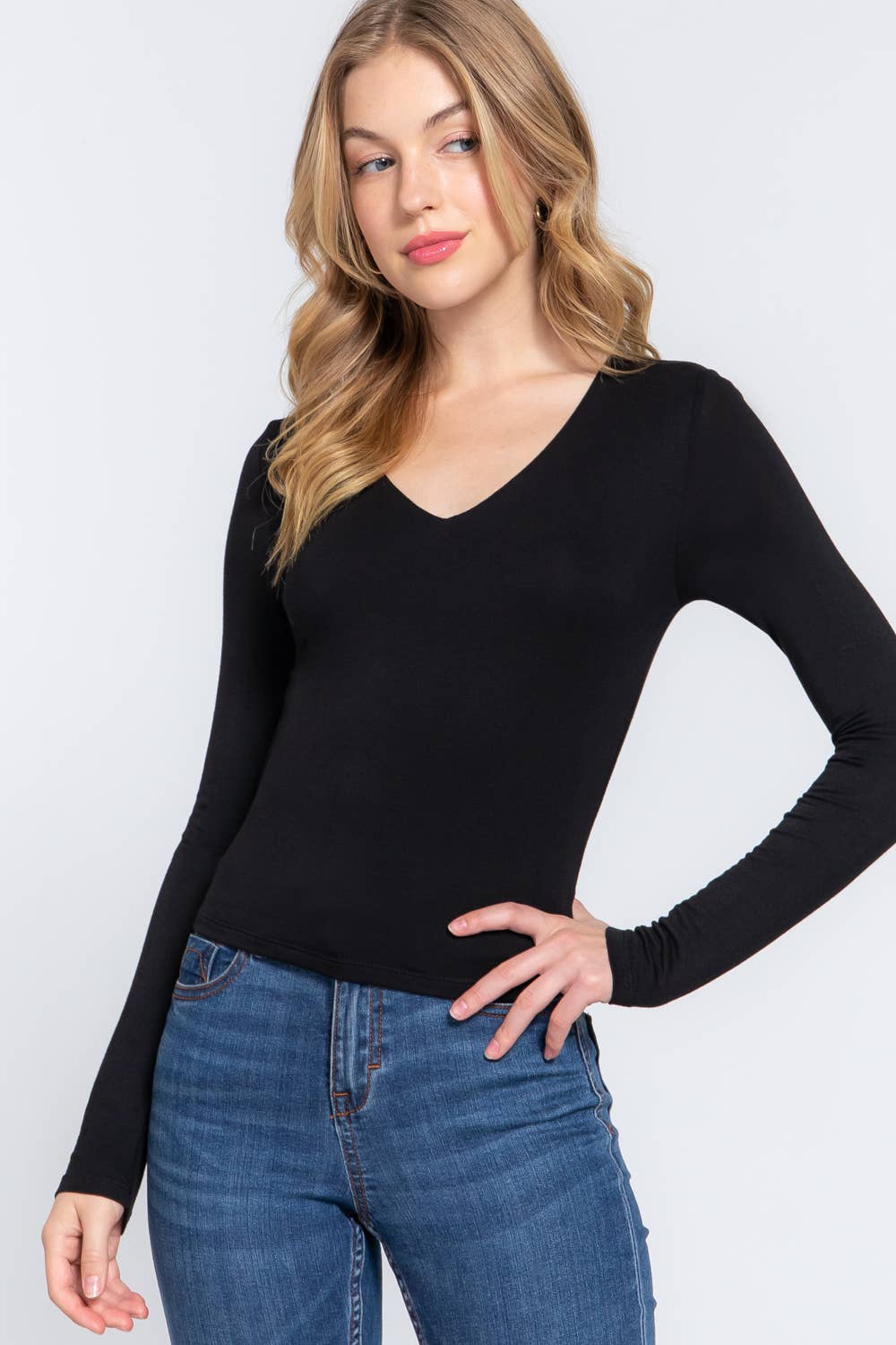 Long Sleeve V-Neck Two Ply Rayon Spandex Jersey Top