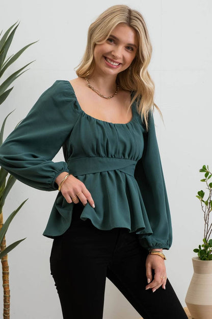 SCOOP NECK LONG SLEEVE BACK WAIST TIE BLOUSE