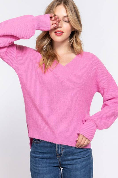 Long Sleeve  Double V-neck  Sweater