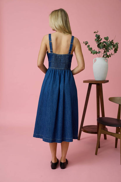 LACE UP DENIM MIDI DRESS