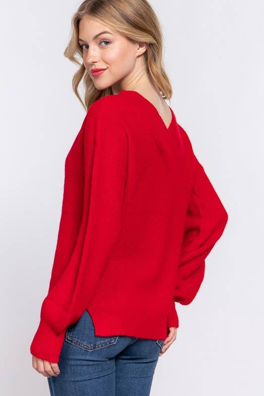 Long Sleeve  Double V-neck  Sweater