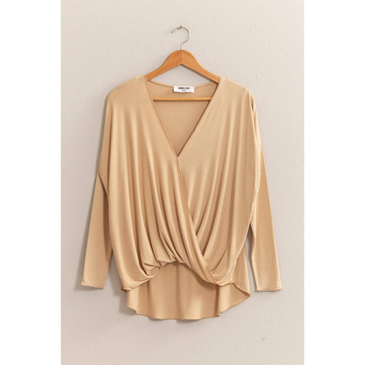 DZ24F312-DRAPED LONG SLEEVE SURPLICE TOP