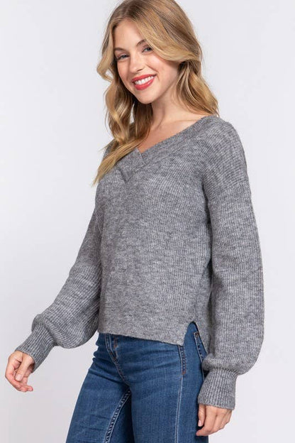 Long Sleeve  Double V-neck  Sweater