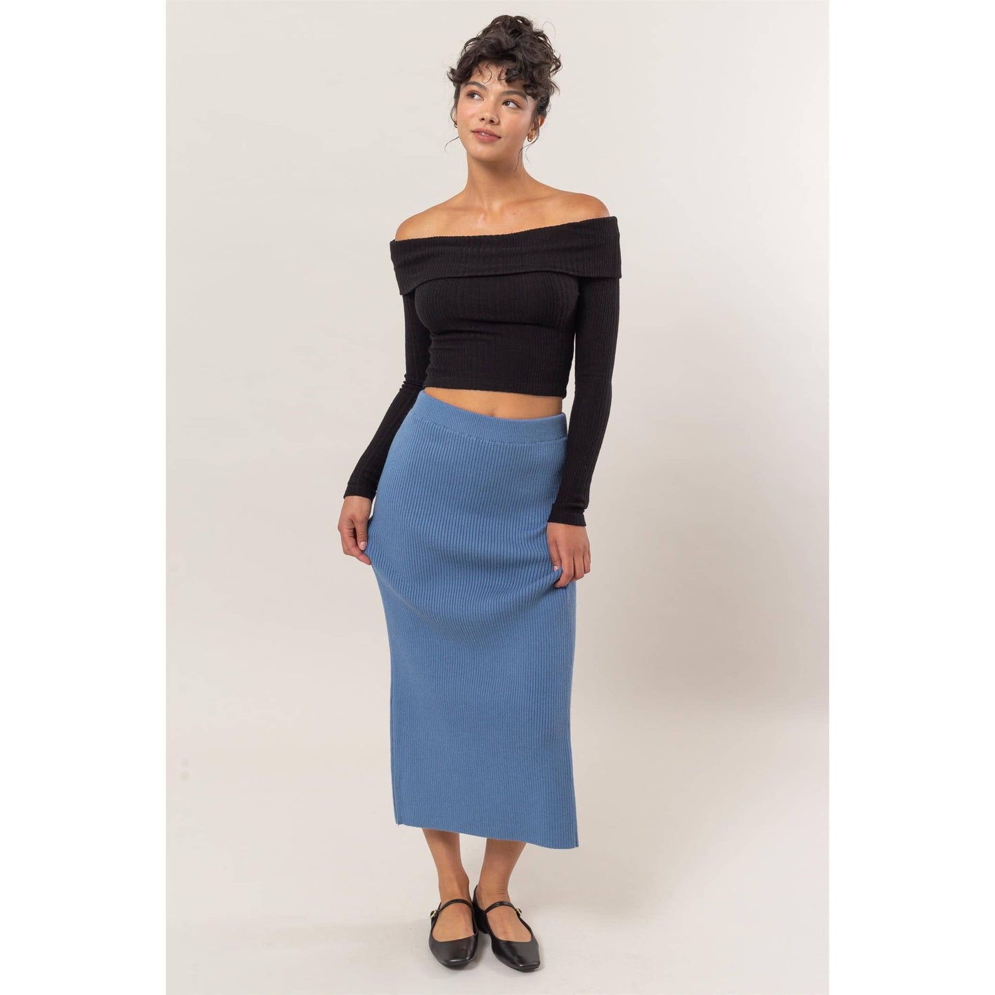 DZ24G108-Ribbed Knit Midi Skirt