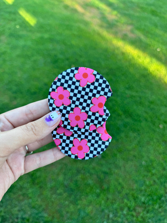 Neon Checkered Flower Car Coaster Set