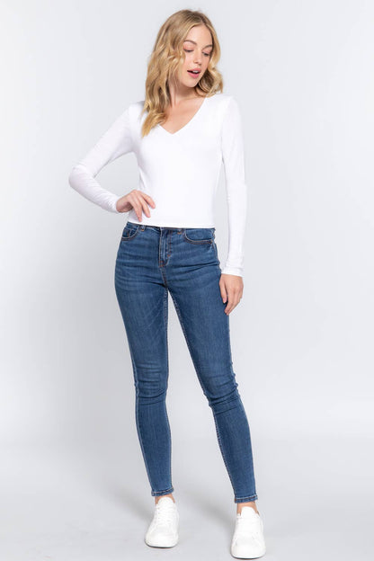 Long Sleeve V-Neck Two Ply Rayon Spandex Jersey Top