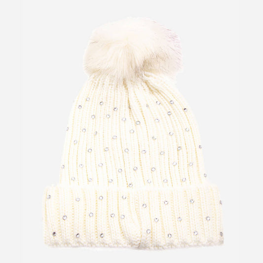 Crochet Knit Rhinestone Studded Pom Beanie