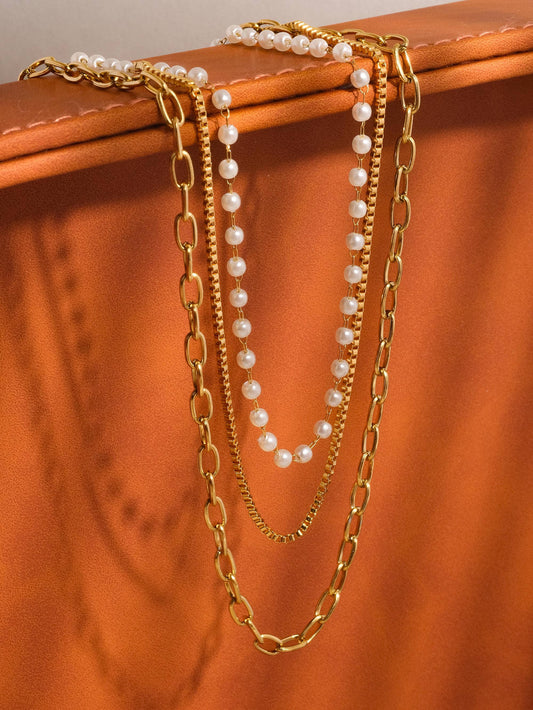 18K Gold Non-Tarnish Stacked Pearl Chain Necklace