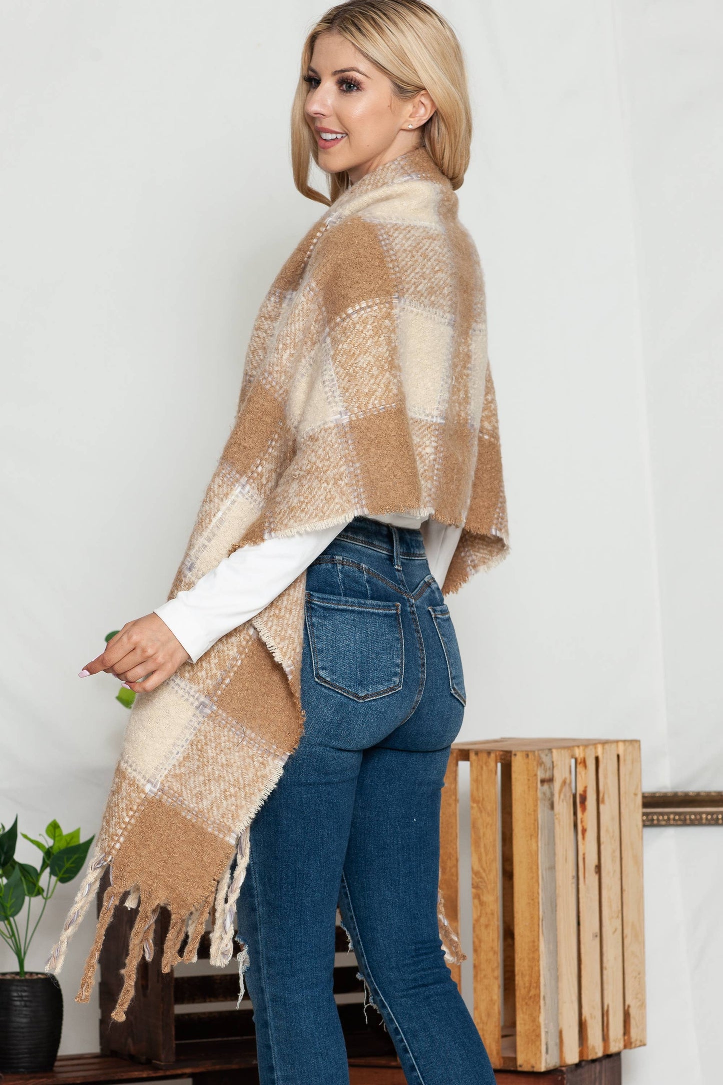 Tan Plaid Chunky Scarf