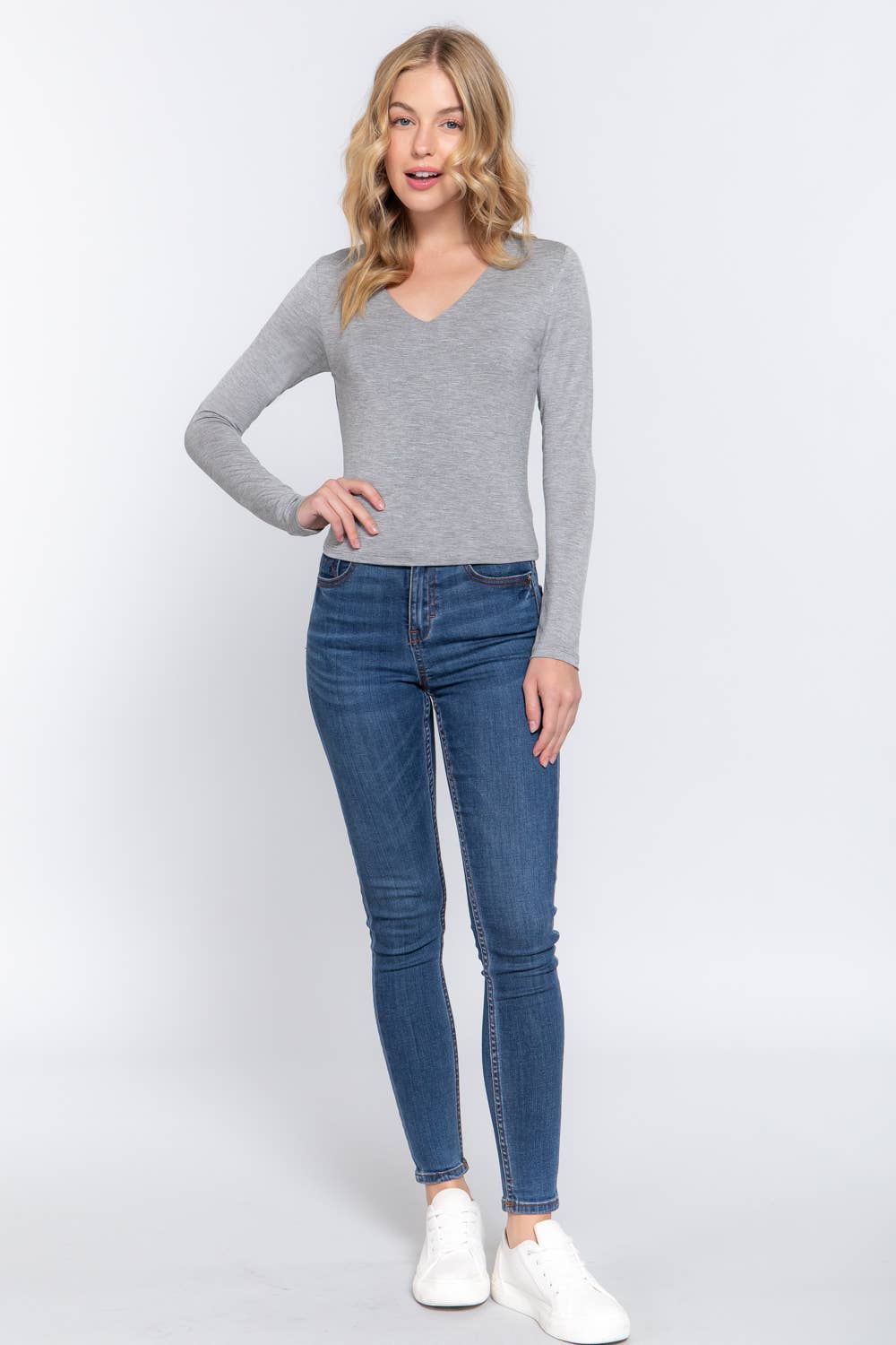 Long Sleeve V-Neck Two Ply Rayon Spandex Jersey Top