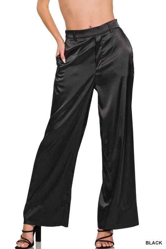 Wide Leg Satin Pants w/ Side Pockets