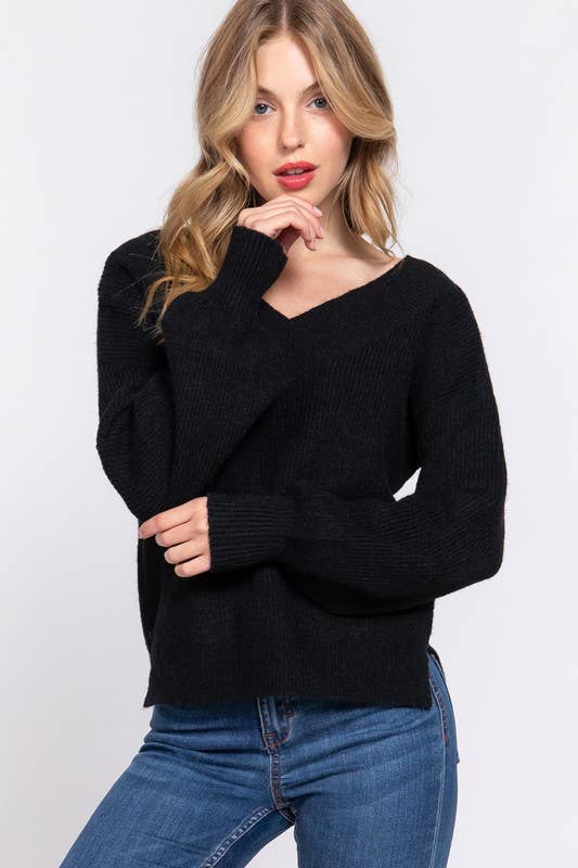 Long Sleeve  Double V-neck  Sweater