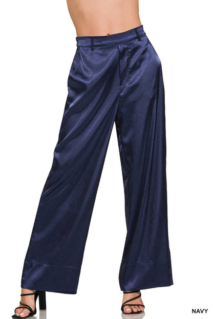 Wide Leg Satin Pants w/ Side Pockets