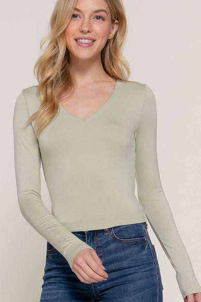 Long Sleeve V-Neck Two Ply Rayon Spandex Jersey Top