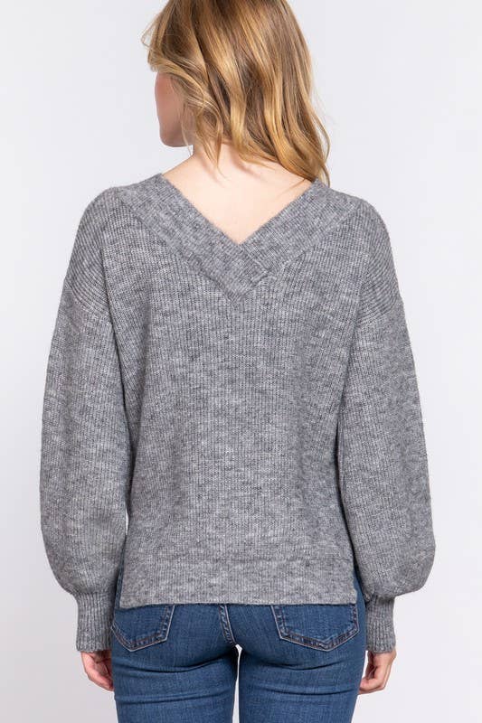 Long Sleeve  Double V-neck  Sweater