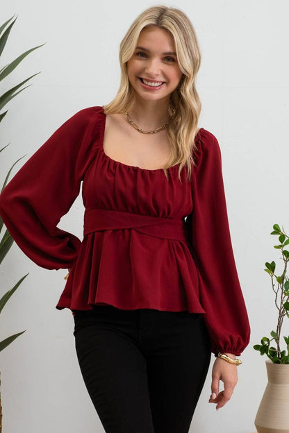 SCOOP NECK LONG SLEEVE BACK WAIST TIE BLOUSE