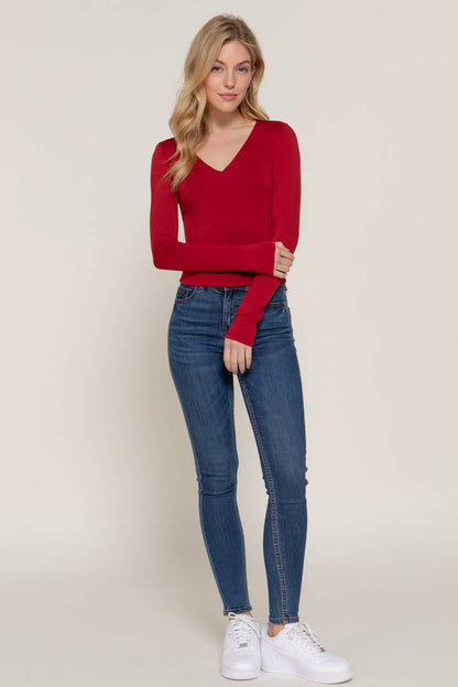 Long Sleeve V-Neck Two Ply Rayon Spandex Jersey Top