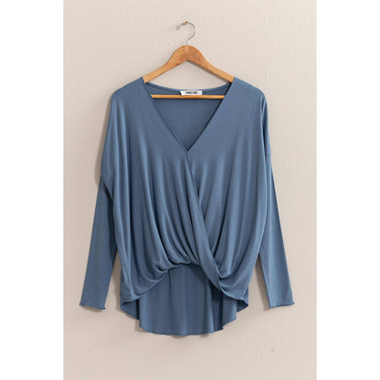 DZ24F312-DRAPED LONG SLEEVE SURPLICE TOP