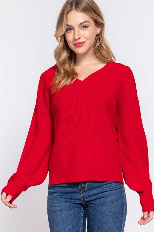 Long Sleeve  Double V-neck  Sweater