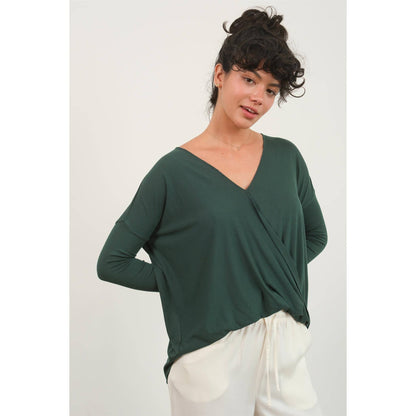 DZ24F312-DRAPED LONG SLEEVE SURPLICE TOP