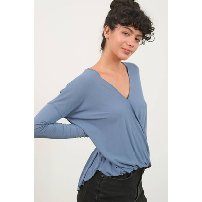 DZ24F312-DRAPED LONG SLEEVE SURPLICE TOP