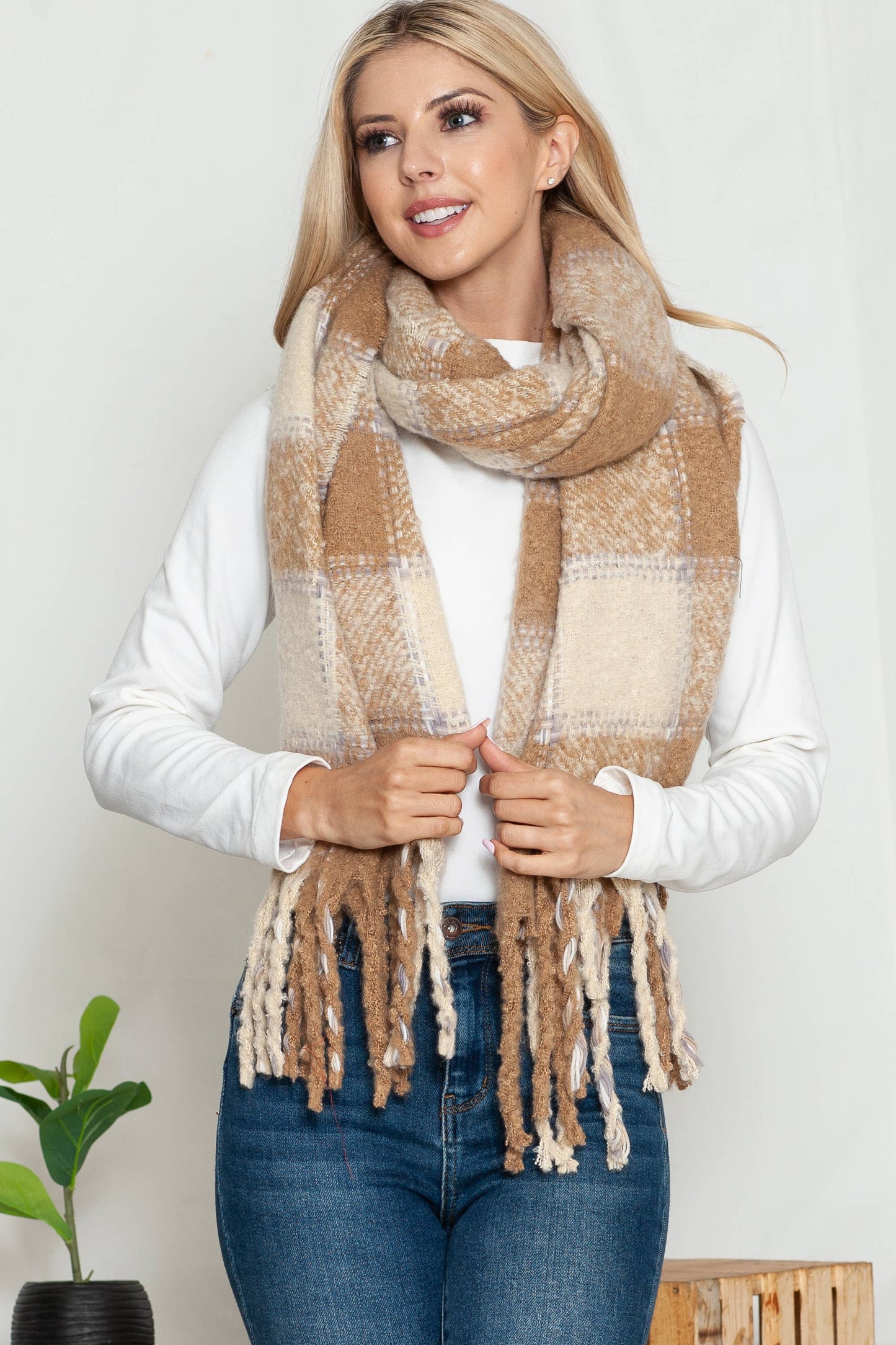 Tan Plaid Chunky Scarf