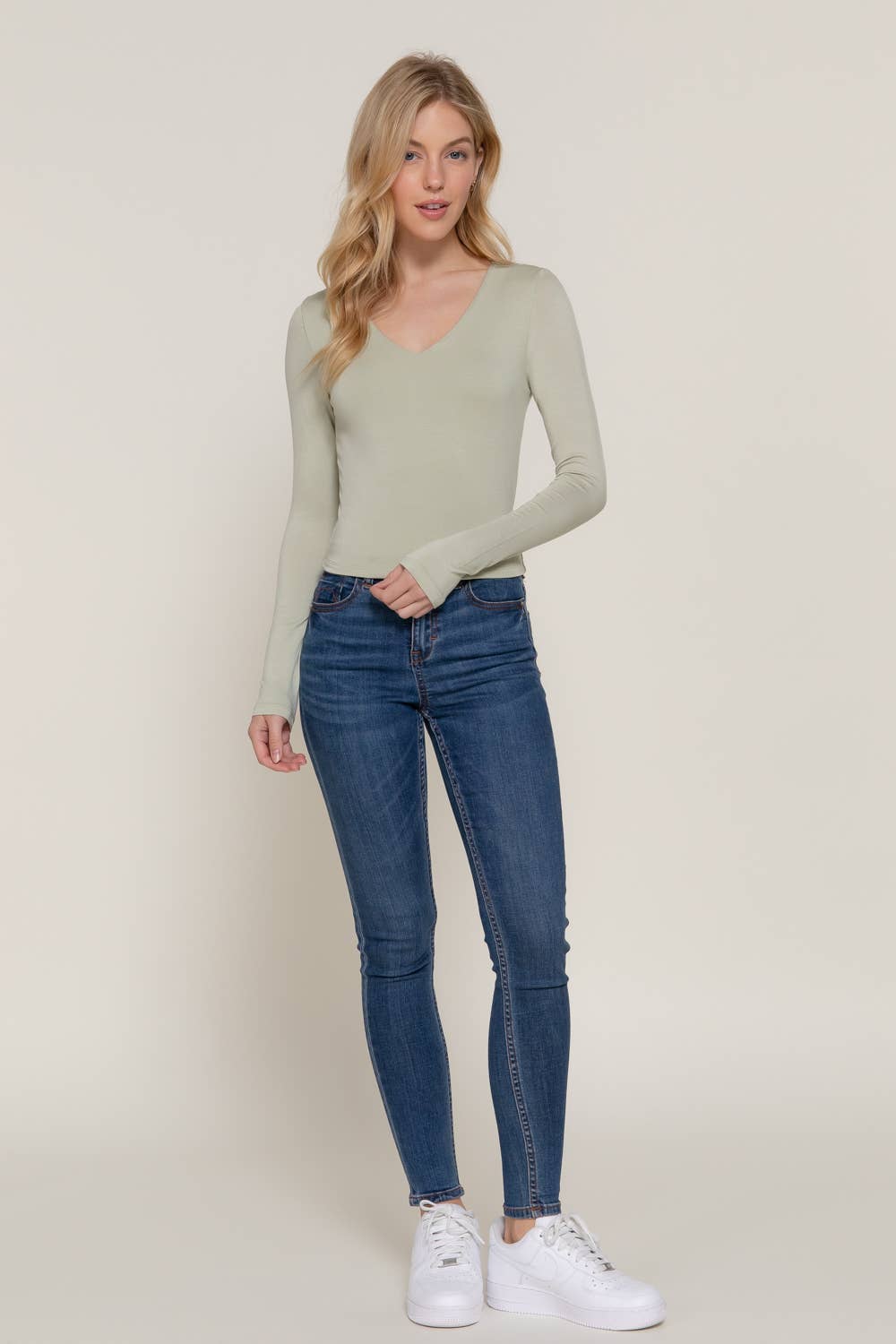 Long Sleeve V-Neck Two Ply Rayon Spandex Jersey Top