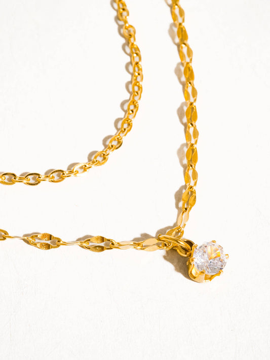 18K Gold Non-Tarnish CZ Stone Stacked Necklace