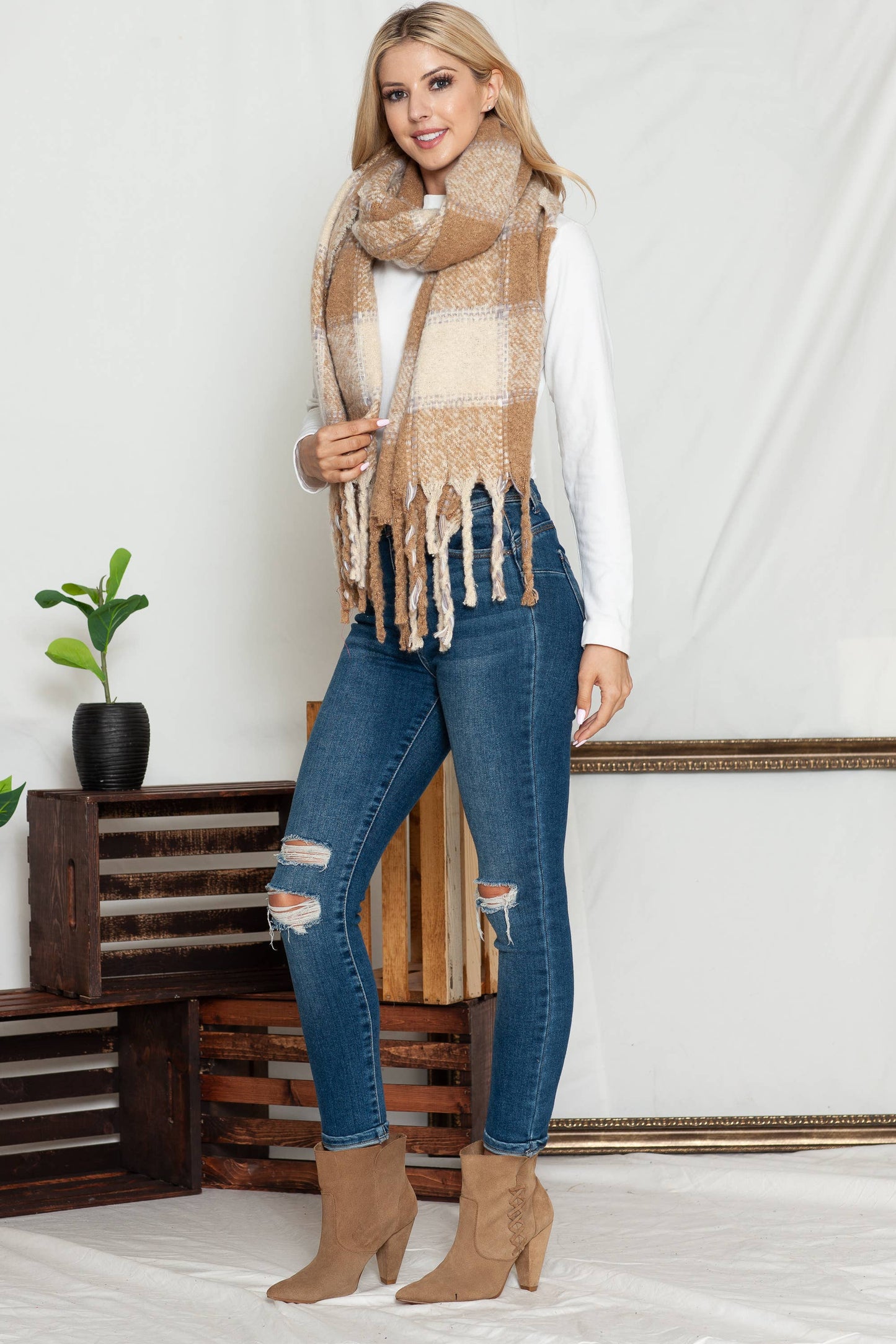 Tan Plaid Chunky Scarf
