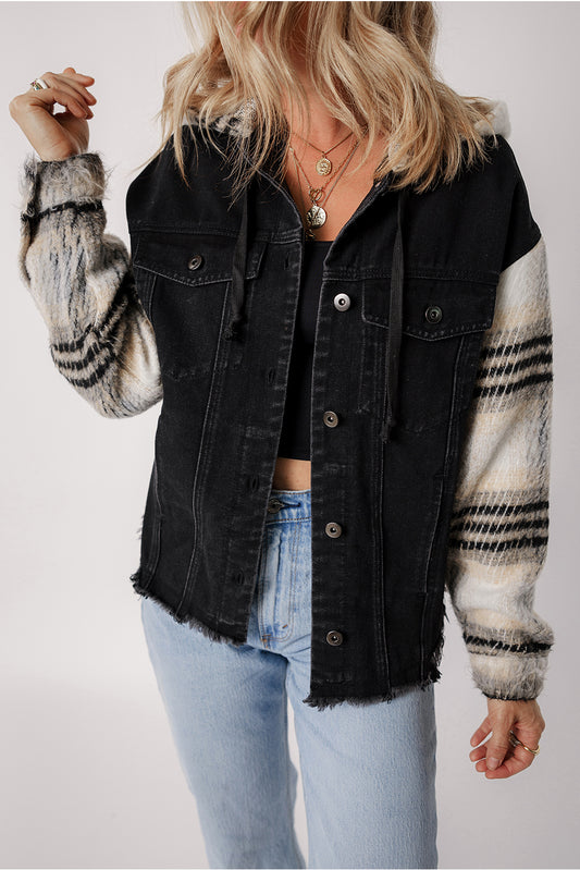 Black Plaid Frayed Hem Hooded Denim Jacket