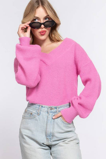 Long Sleeve  Double V-neck  Sweater