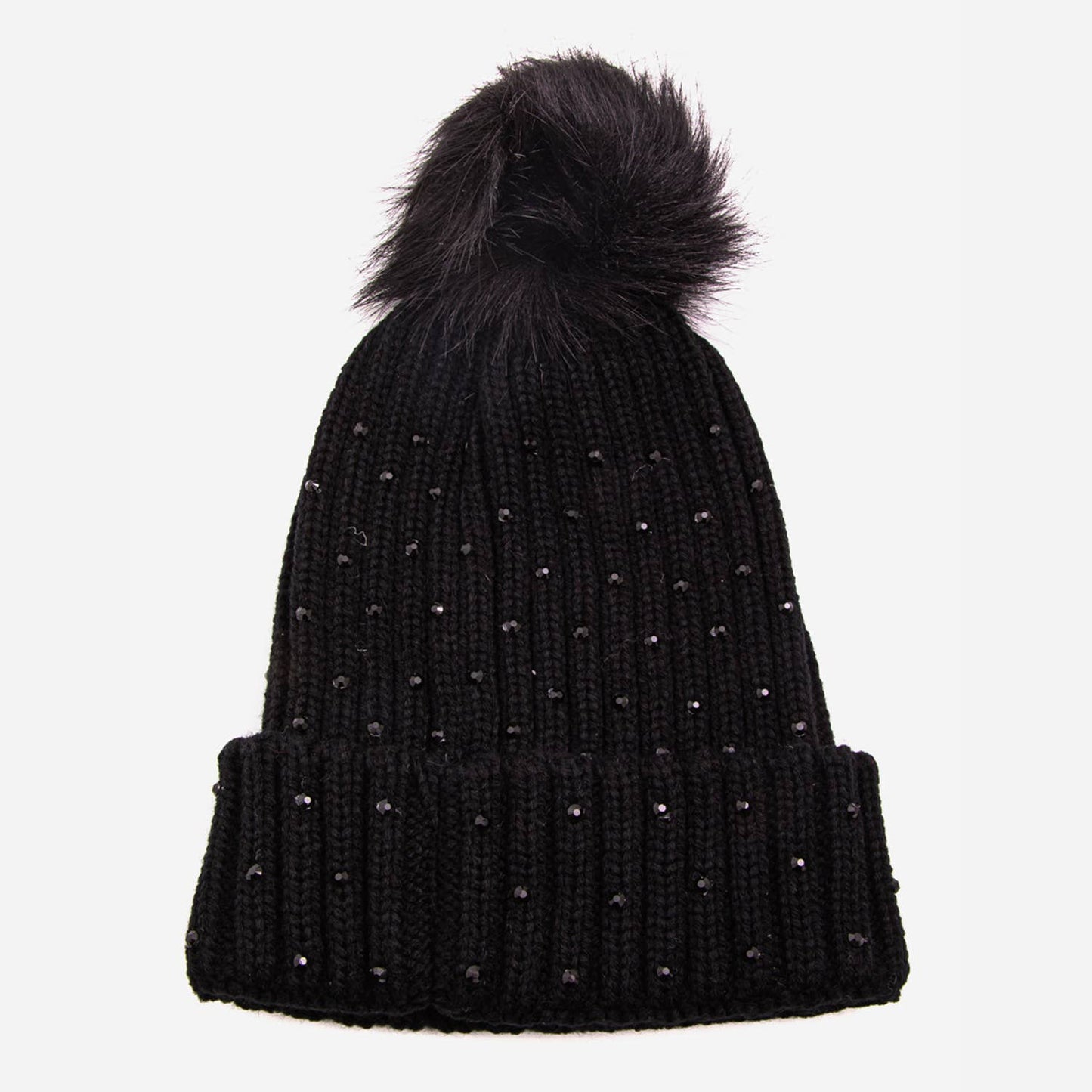 Crochet Knit Rhinestone Studded Pom Beanie