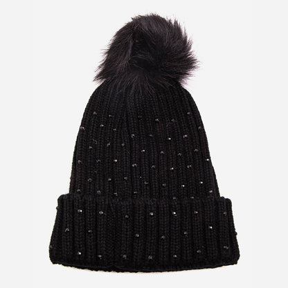 Crochet Knit Rhinestone Studded Pom Beanie