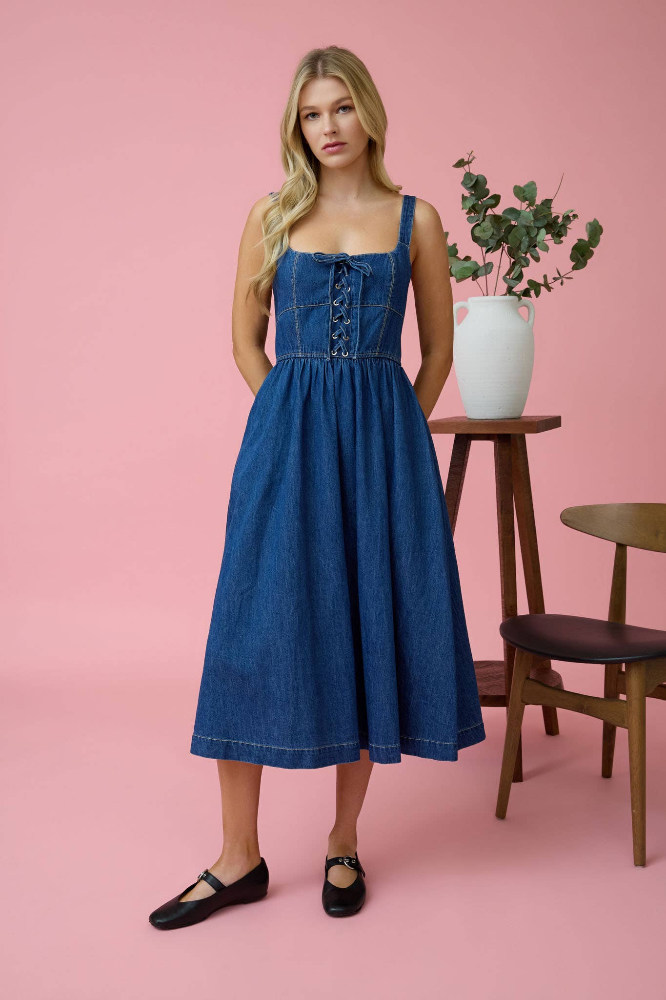LACE UP DENIM MIDI DRESS