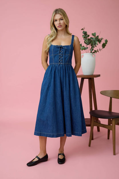 LACE UP DENIM MIDI DRESS