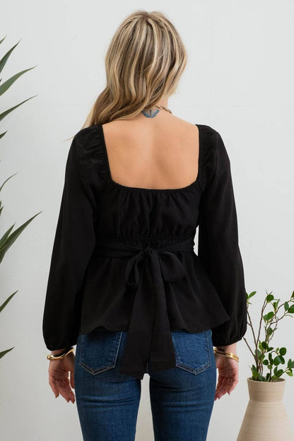 SCOOP NECK LONG SLEEVE BACK WAIST TIE BLOUSE