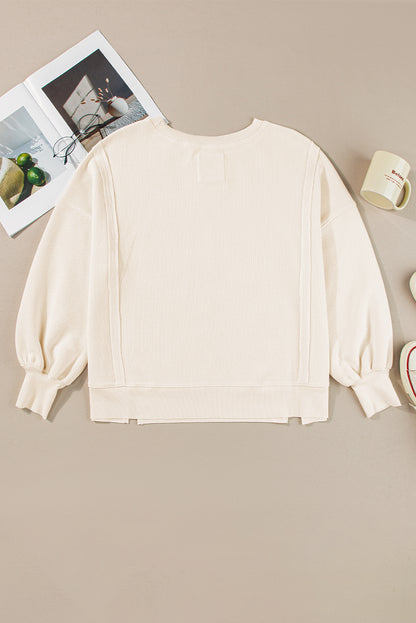 White Waffle Knit Bishop Sleeve Split Oversized Sweatshirt