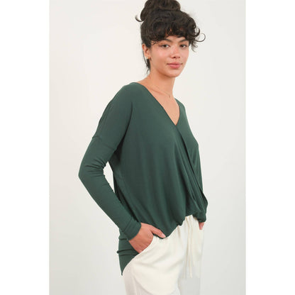 DZ24F312-DRAPED LONG SLEEVE SURPLICE TOP