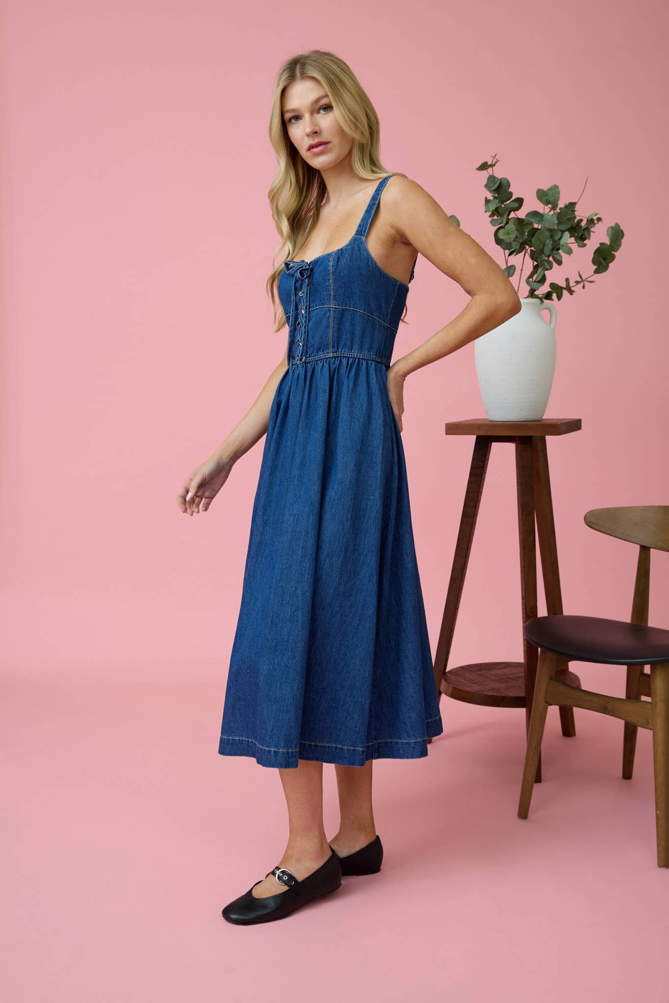 LACE UP DENIM MIDI DRESS