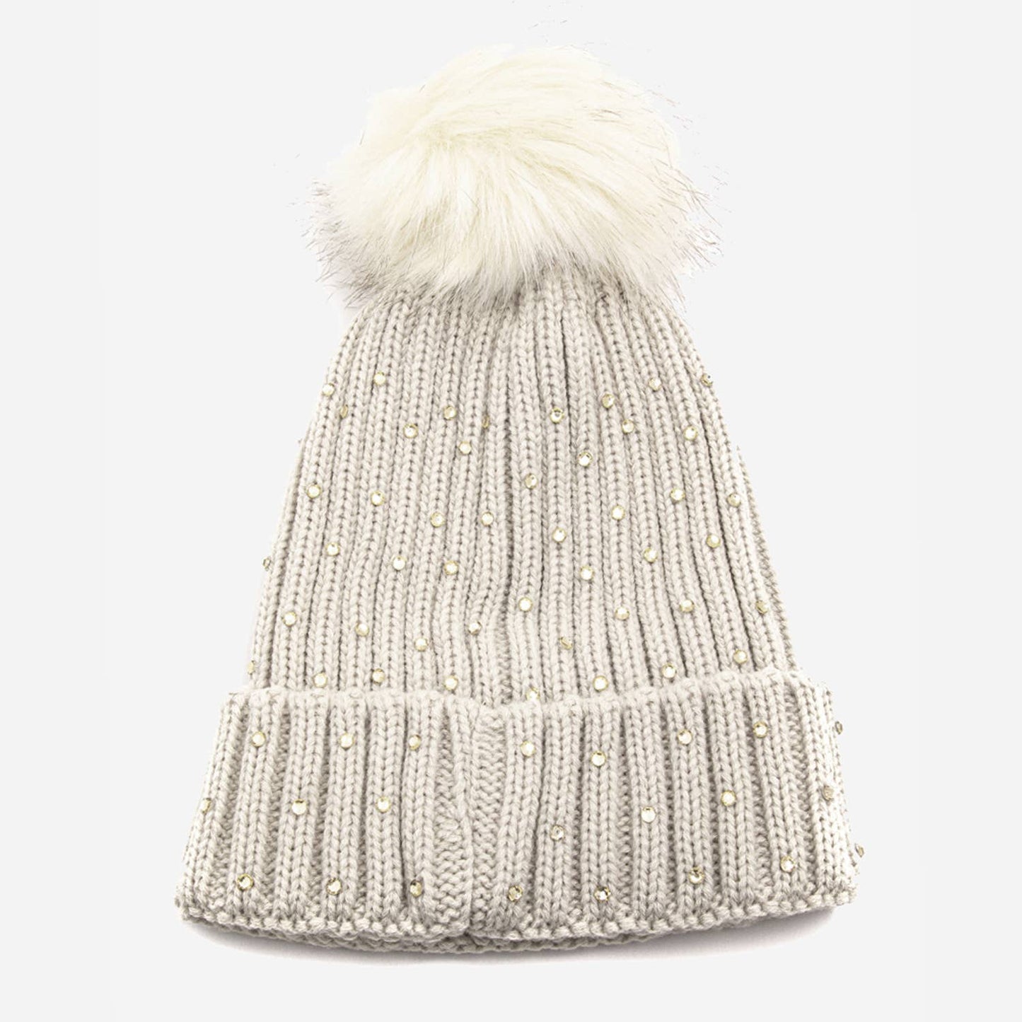 Crochet Knit Rhinestone Studded Pom Beanie