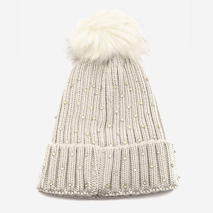 Crochet Knit Rhinestone Studded Pom Beanie