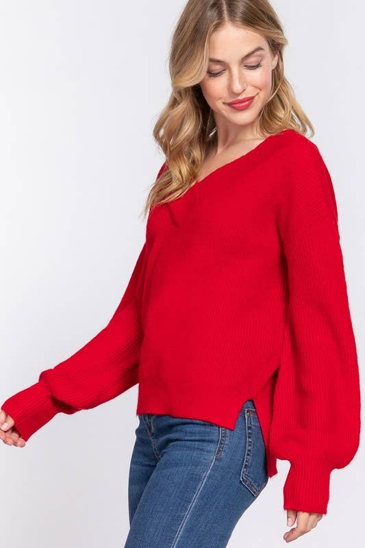 Long Sleeve  Double V-neck  Sweater