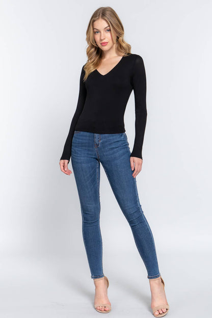 Long Sleeve V-Neck Two Ply Rayon Spandex Jersey Top