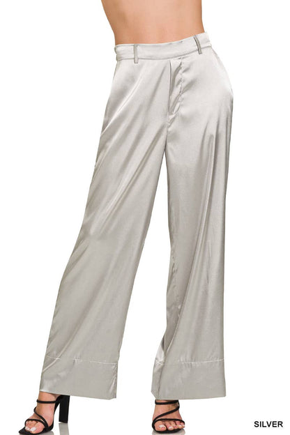 Wide Leg Satin Pants w/ Side Pockets