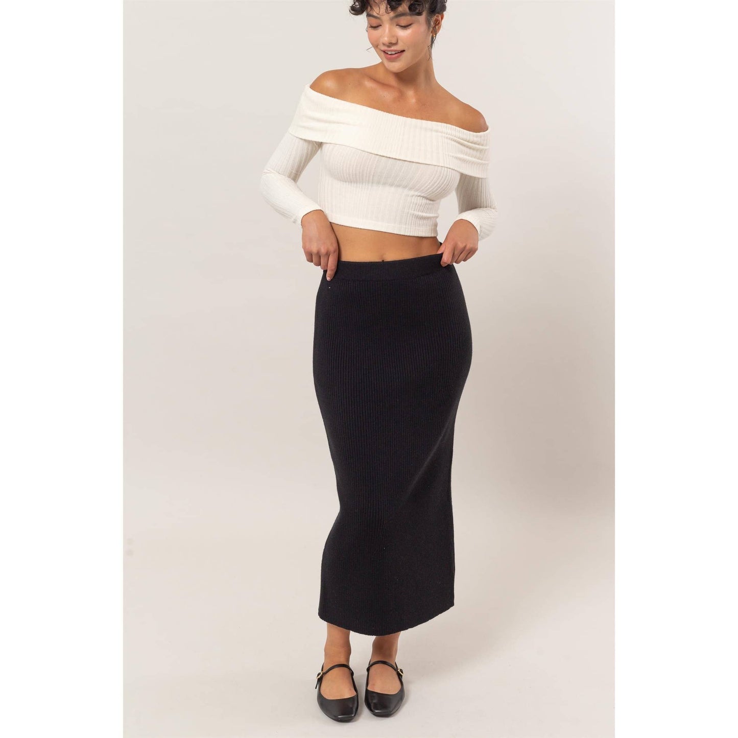 DZ24G108-Ribbed Knit Midi Skirt
