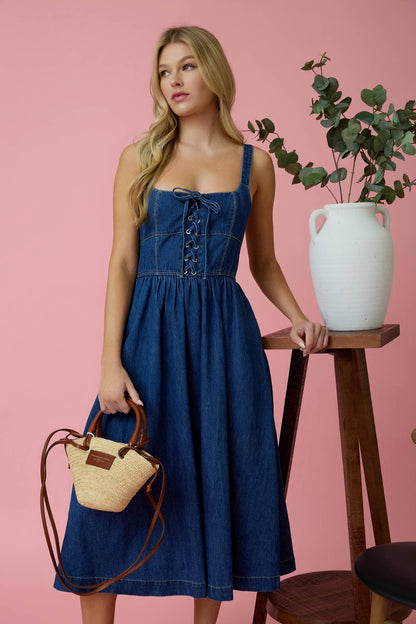 LACE UP DENIM MIDI DRESS