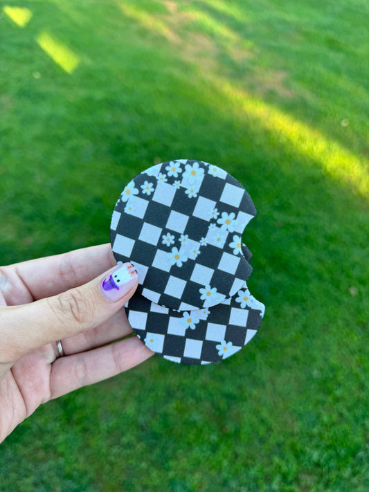 Checkered Daisies Car Coaster Set