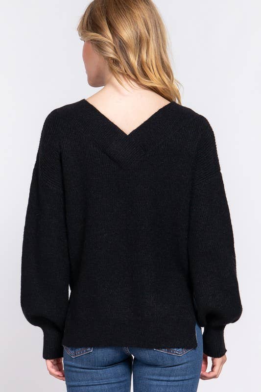 Long Sleeve  Double V-neck  Sweater