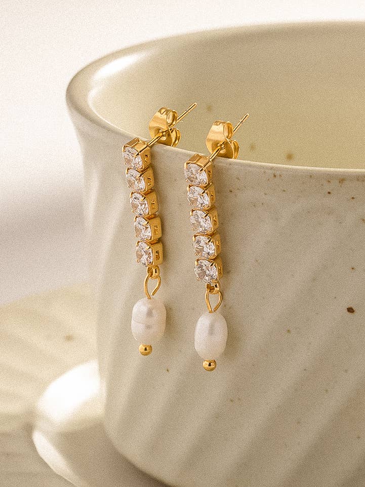 18K Gold Non-Tarnish CZ Pearl Drop Earring